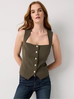 White House Black Market Olive Square-Neck Button Corset Tank